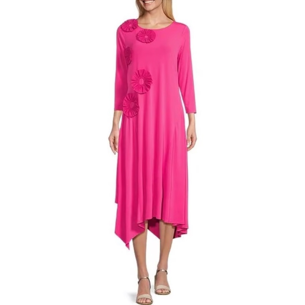 NWT IC Collection Floral Appliques 3/4 Sleeve A-Line Asymmetrical Hem Midi Dress